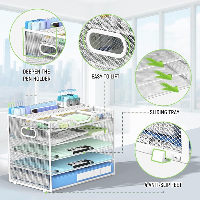 Docnest 5 Tier Mesh Desk Organizer- Letter Tray with Adjustable Compartments, Mesh Desktop Storage Built in Pen Holder and Handles, Desk Organizer Tray for Mail Documents Office Supplies–White - Image 5